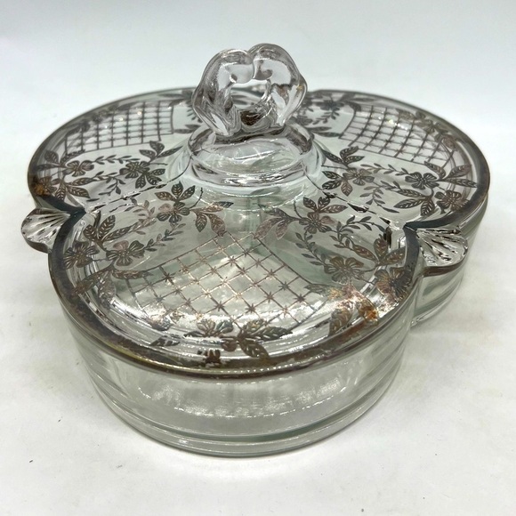 Depression Glass Divided Dish with Silver Overlay Lid - Picture 1 of 7